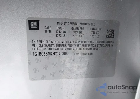 2017 Chevrolet Cruze Ls Auto z USA, uszkodzony, nr VIN 1G1BC5SM7H7170803